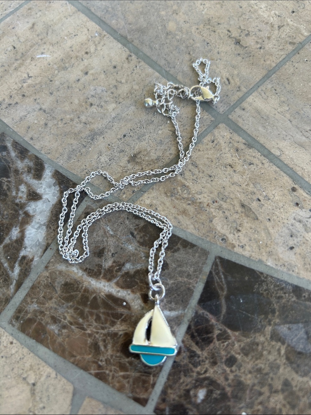 Silver Sailboat Pendant Necklace with Turquoise Accent no markings.